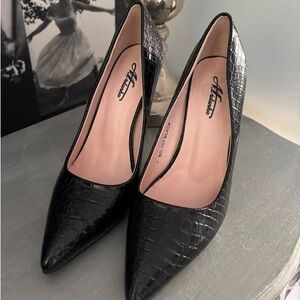 Black Croc-Embossed Pointed-Toe Pumps